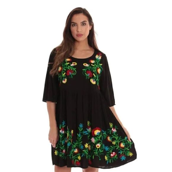 Riviera Sun Rayon Crepe Short Dress with Multicolored Embroidery  SZ 3X #1754 - Picture 1 of 16